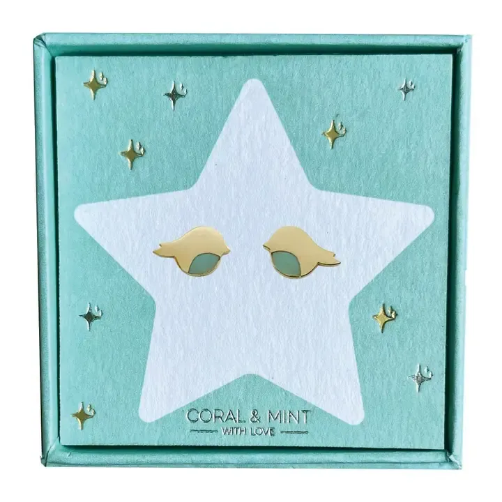 Gold Bird Stud Earrings With Mint Enamel