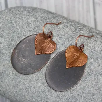 Antique Oval Copper Earrings With Leaf