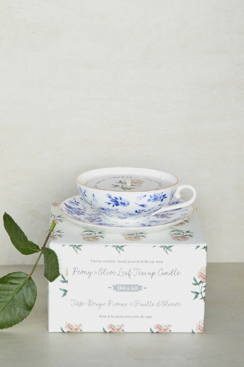 Soy Candle In Teacup &amp; Saucer Assorted, SCENT: Peony &amp; Olive Leaf