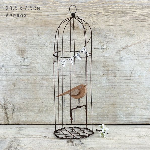 Rusty Wire Cage With Wooden Bird, Size: Large