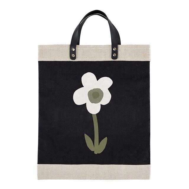 Canvas Tote Black With White Flower