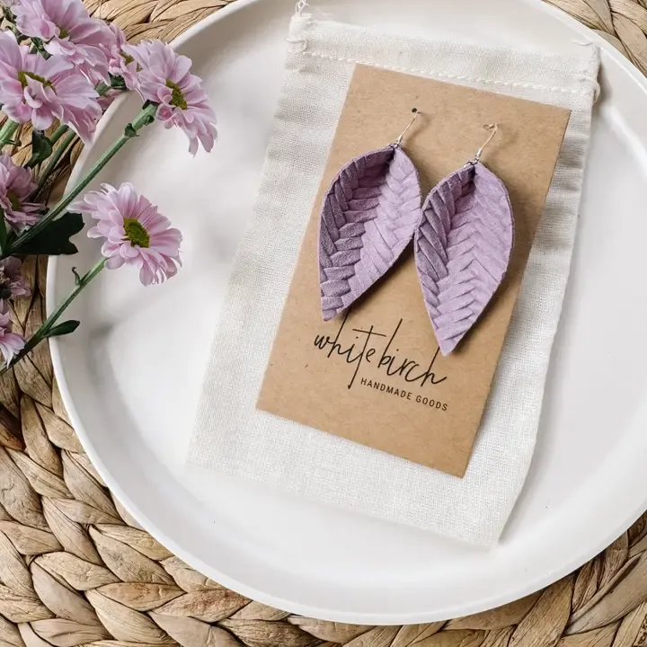 ORCHID BRAIDED LEATHER LEAF EARRINGS