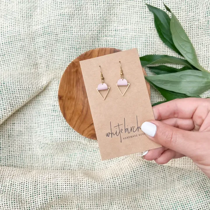 PINK LEATHER BRASS TRIANGLE EARRINGS