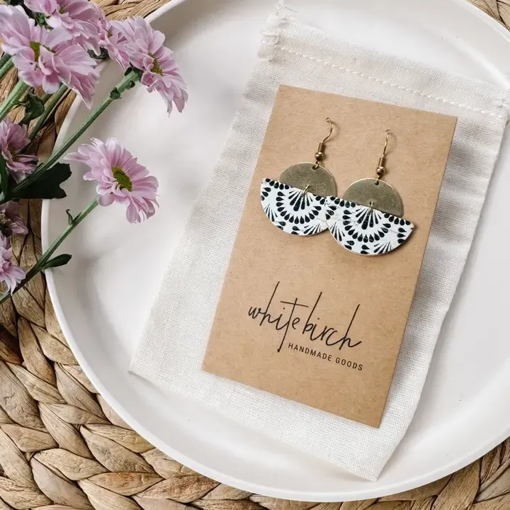WHITE AND BLACK CORK HALF MOON EARRINGS