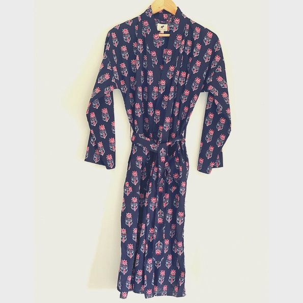 100% Cotton Robe And Bag Black With Red Flowers Small