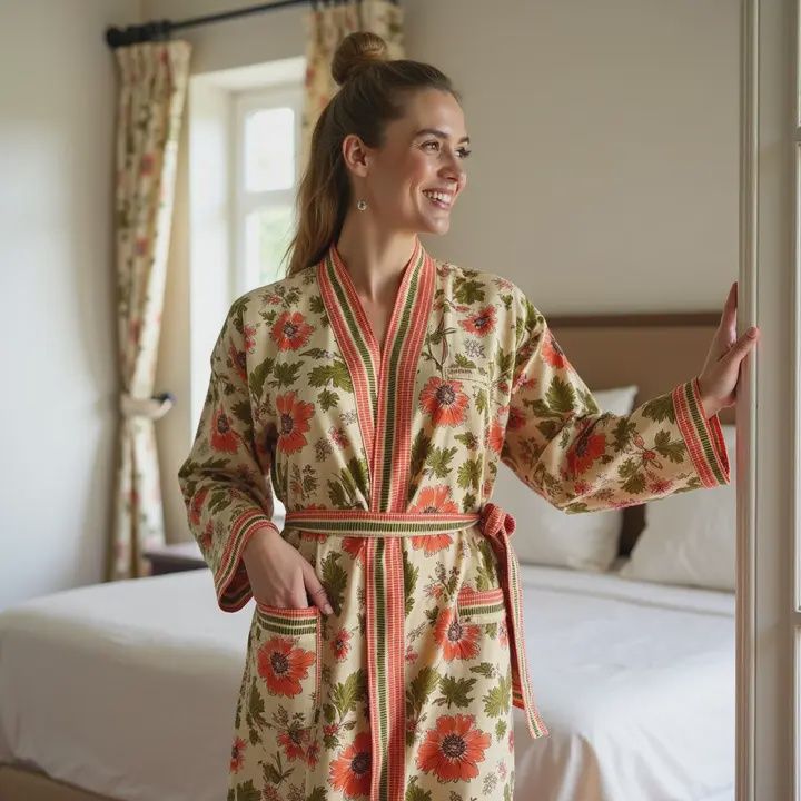 100% Cotton Robe Orange Floral with Border Medium