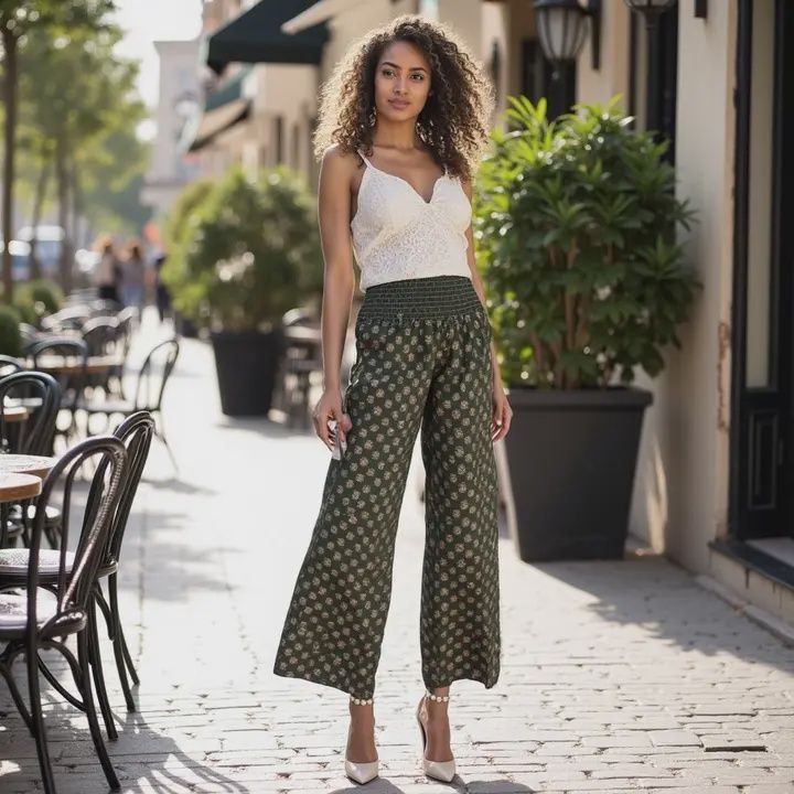 Cotton Shirring Waist Wide Leg Pants Olive Green X-Small