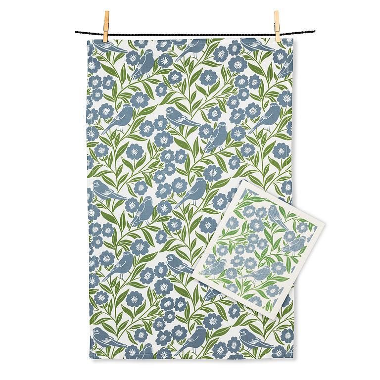 Kombo Kitchen Towel &amp; Swedish Dishcloth Set, DESIGN: Birds &amp; Leaves
