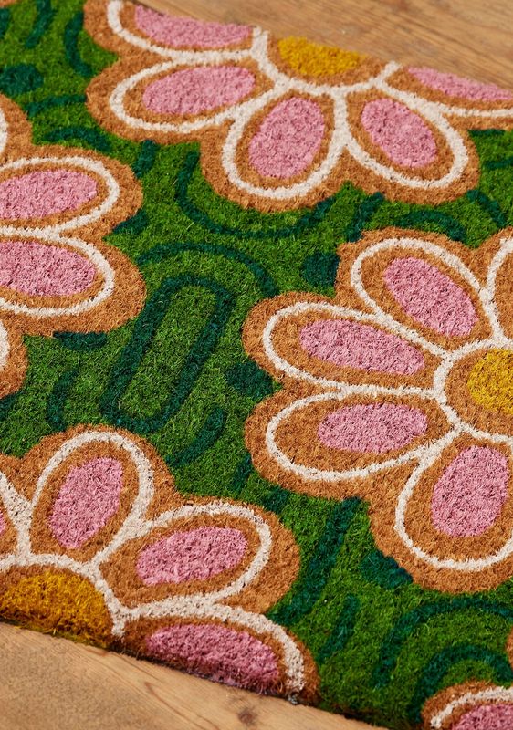 Pink Green Daisy Coir Doormat