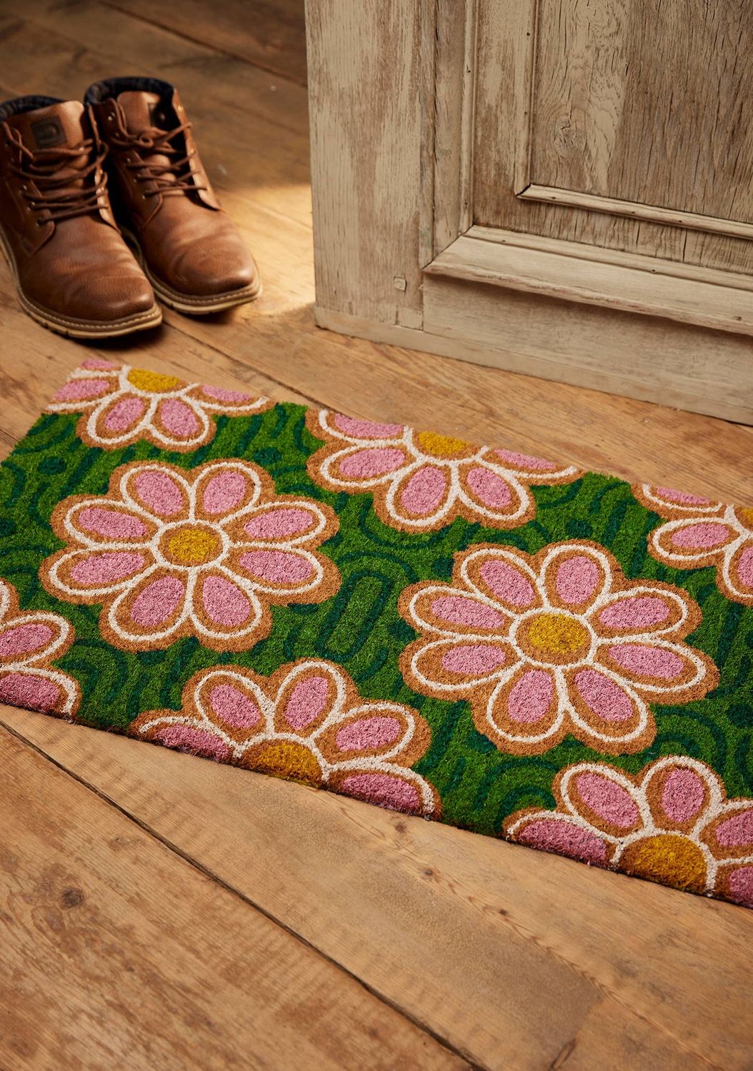 Pink Green Daisy Coir Doormat
