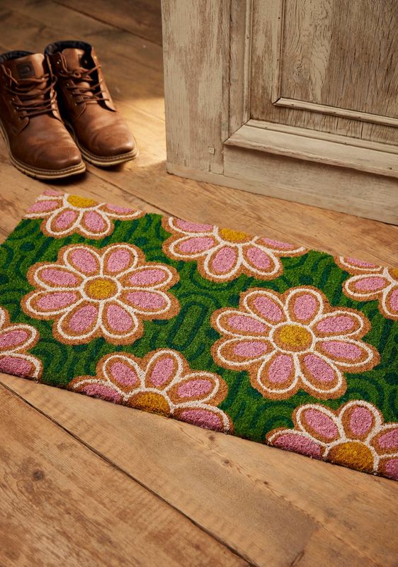 Pink Green Daisy Coir Doormat