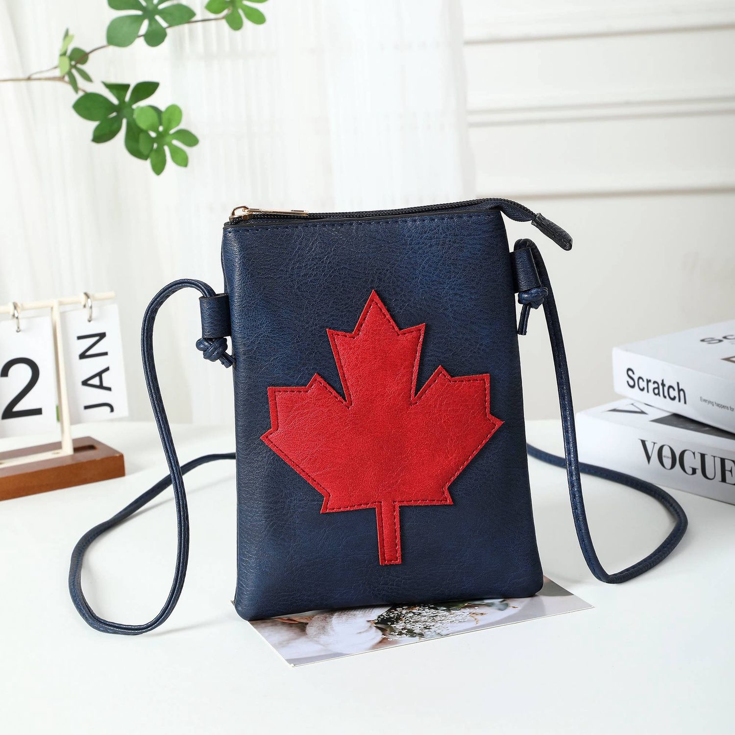 Crossbody Cellphone Bag Maple Leaf Navy + Red