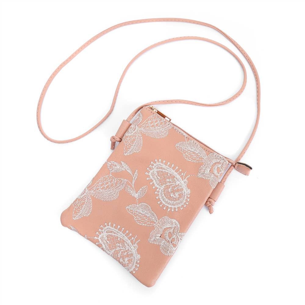 Crossbody Cellphone Bag Embroidered Butterfly White + Cream