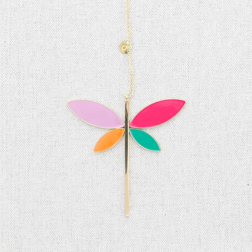 Long Steel Necklace Dragonfly Enamel Pendant, Color: Gold