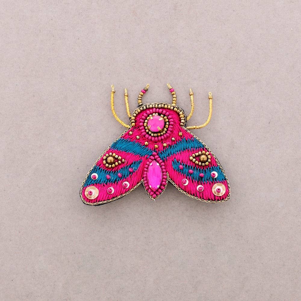 Embroidered Sequin Moth Brooch, Color: Fuchsia