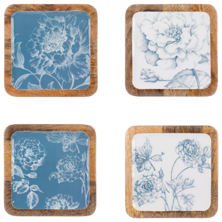 Wood square blue Toile Plate/tray
