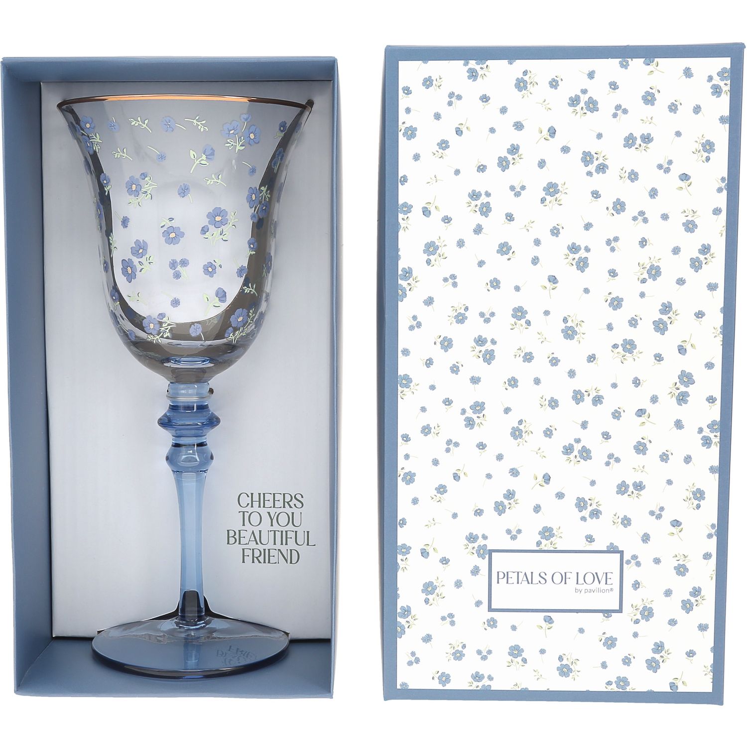 Blue Flowers Beautiful Friend Wine Glass