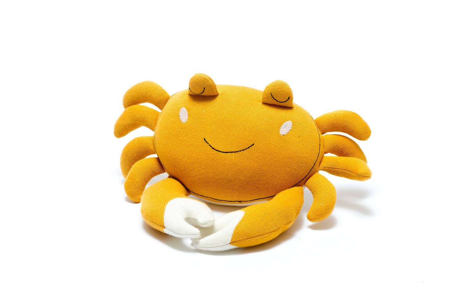Tactile Crab Soft Toy Knitted Organic Cotton in Mustard