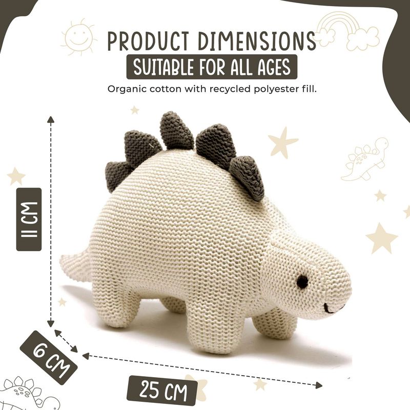 Organic White Cotton Knit Stegosaurus Dinosaur Rattle