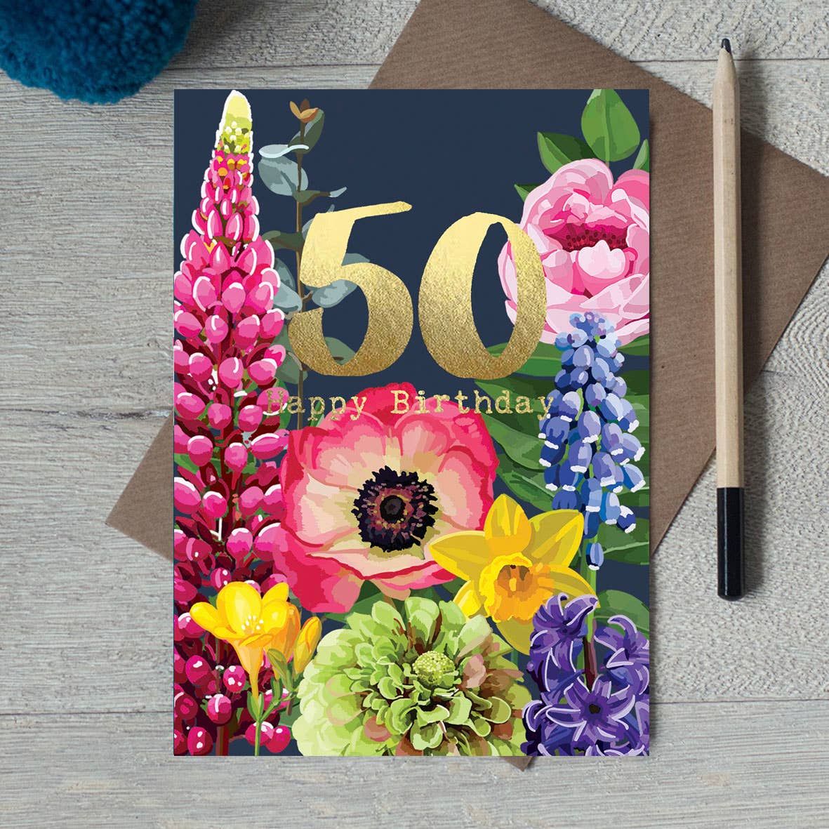 50th Birthday Floral Gold Foiled Birthday Card