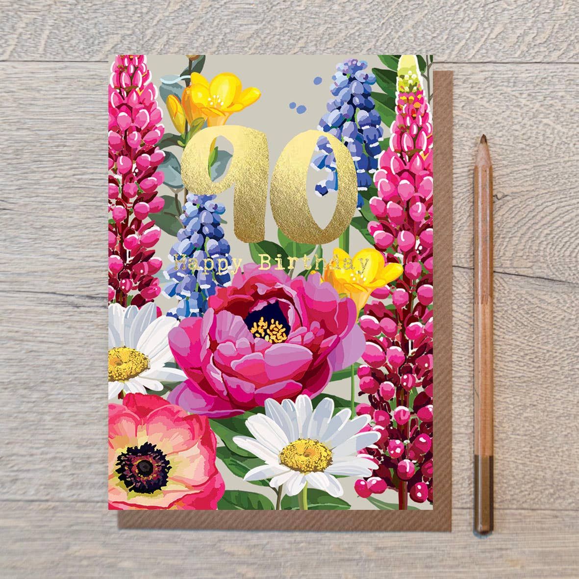 90th Birthday Floral Gold Foiled Birthday Card
