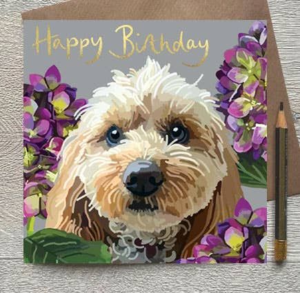 Happy Birthday Cockapoo In Flowers Gold Foiled Birthday Card