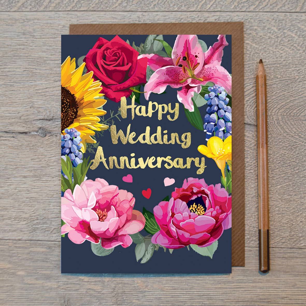 Happy Wedding Anniversary Wreath Floral Anniversary  Card