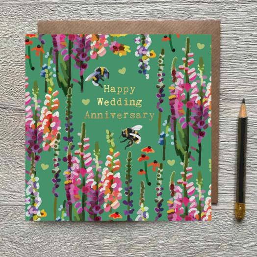Happy Wedding Anniversary Wild Flowers With Bees Gold Foiled Anniversary Card