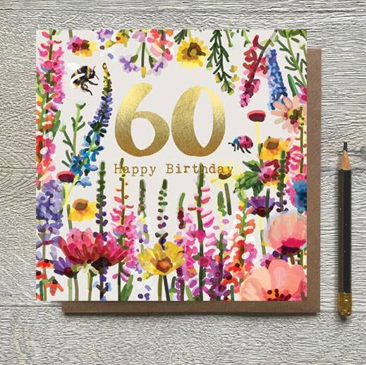 60th Wild Flowers With Bee &amp; Ladybug Gold Foiled Birthday Card