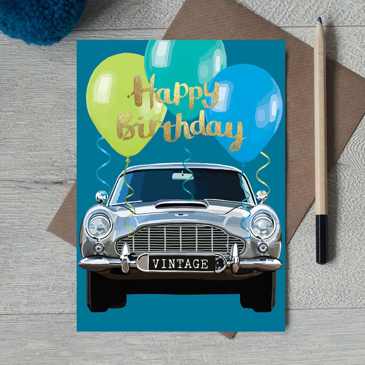 Happy Birthday Vintage Car Gold Foiled Birthday Card