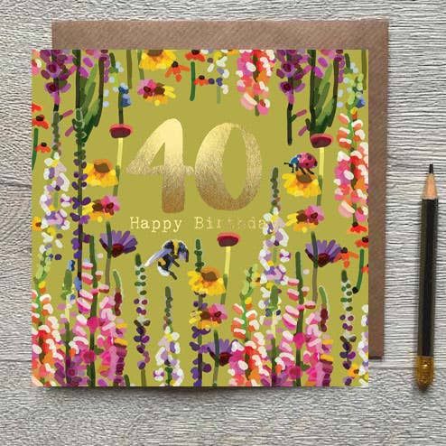 40th Wild Flowers With Bee &amp; Ladybug Gold Foiled Birthday Card