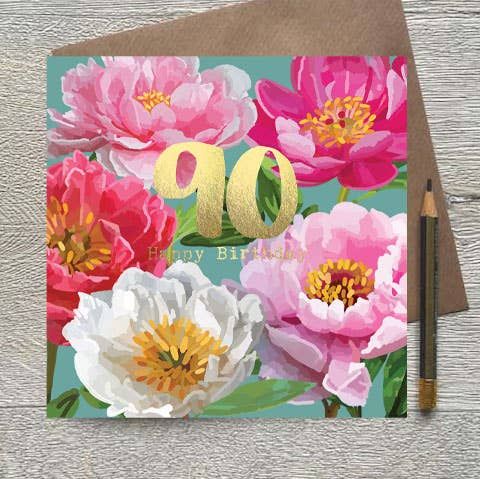 90th Birthday Peonies Gold Foiled Birthday Card