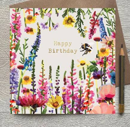 Happy Birthday Wild Flowers With A Bee Birthday Card