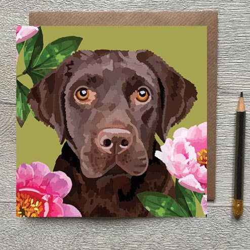 Chocolate Labrador In Flowers Greeting Card