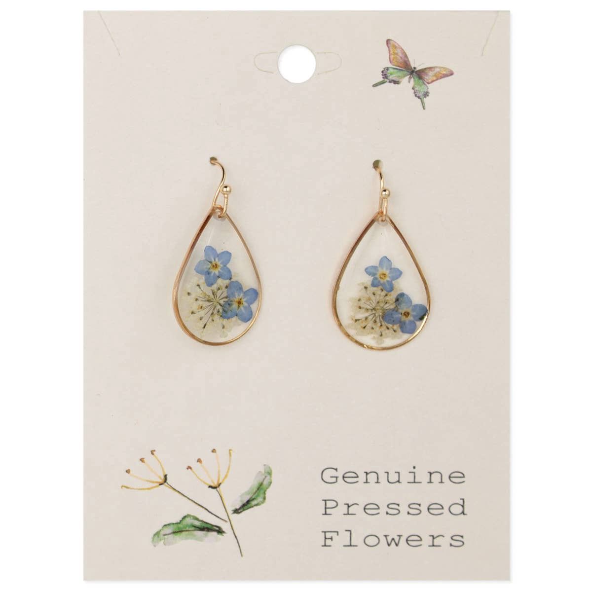 Cottage Blue Dried Flower Gold Teardrop Earrings