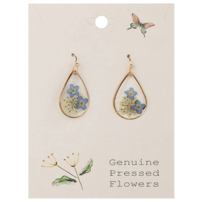 Cottage Blue Dried Flower Gold Teardrop Earrings