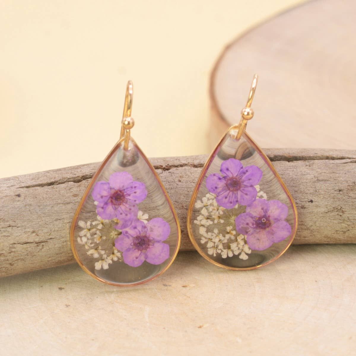 Lovely Lavender Dried Flower Gold Teardrop Earrings