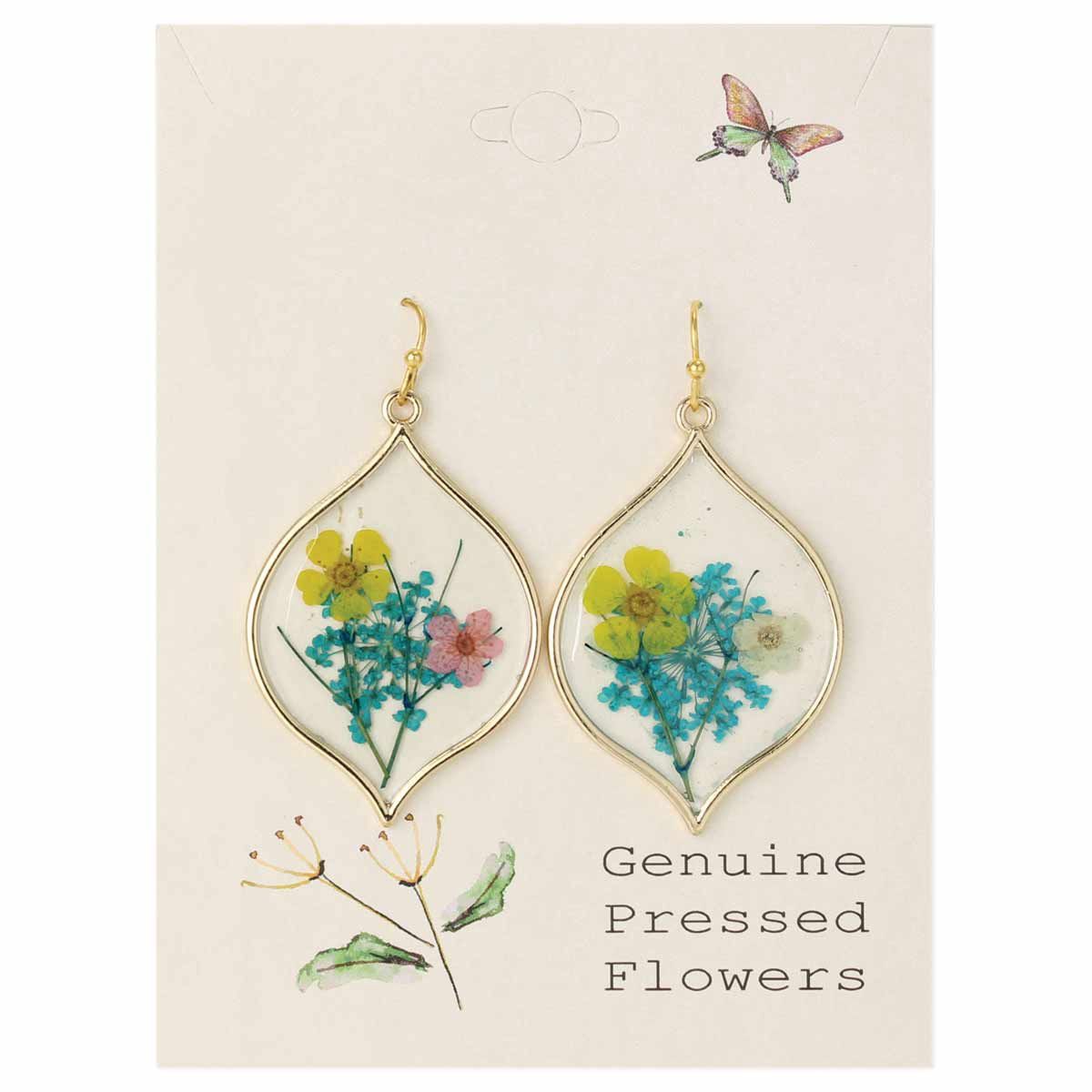 Yellow Pink Dried Flower Gold Marquise Earrings