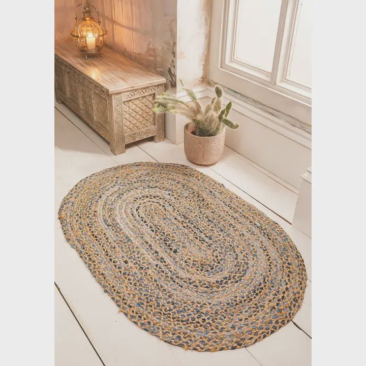 Denim and Jute Braided Oval Rug Blue