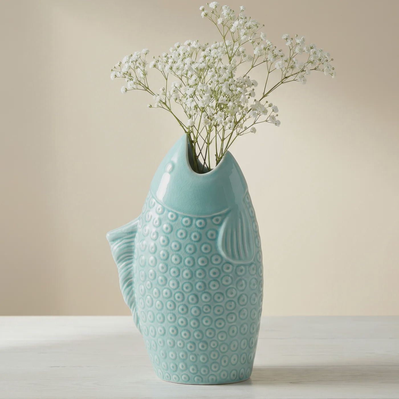 Fish Vase aqua crackle 9 inch