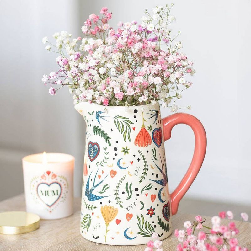 Cream Folk Print Ceramic Flower Vase Jug