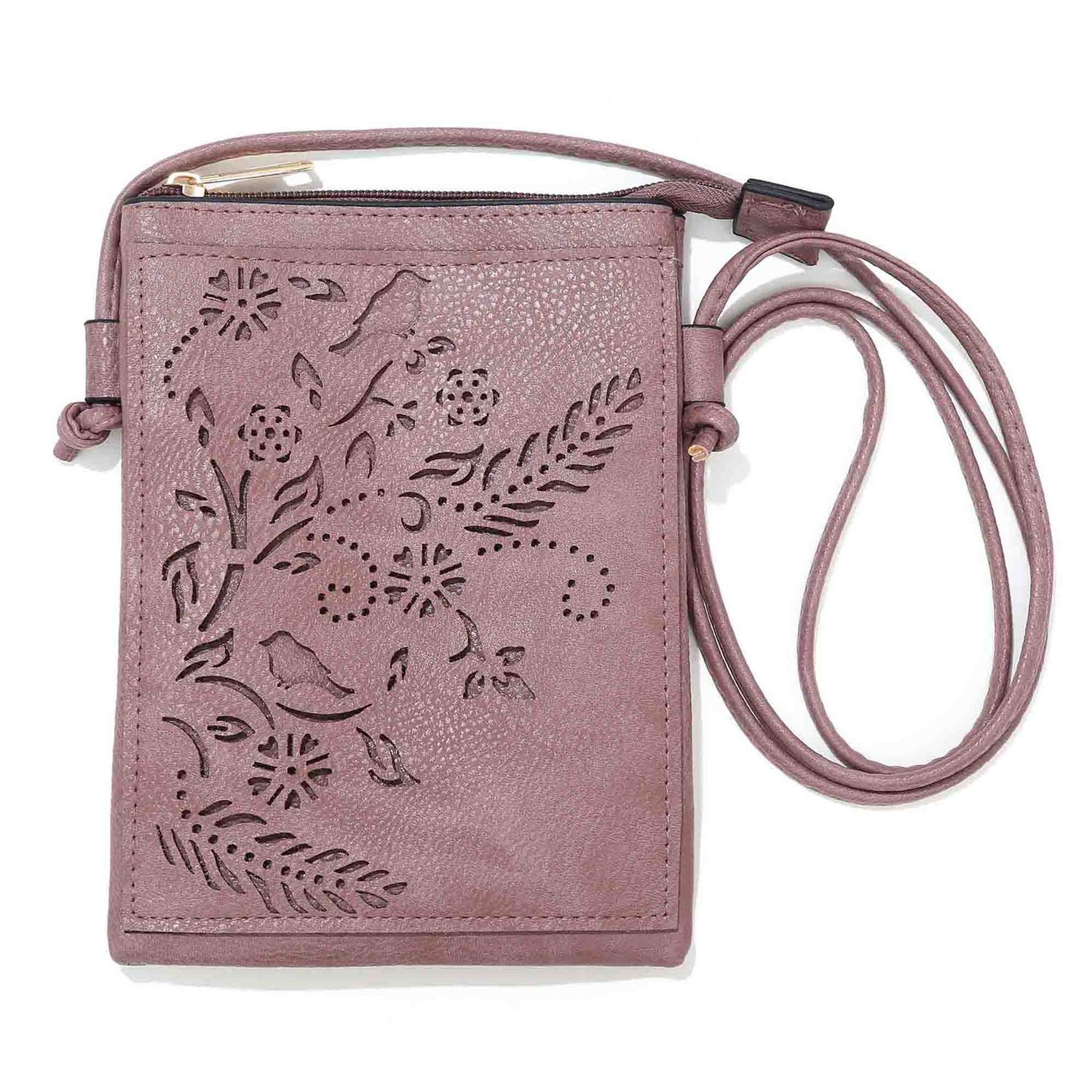 Crossbody Cellphone Bag Birds and Flowers Plum