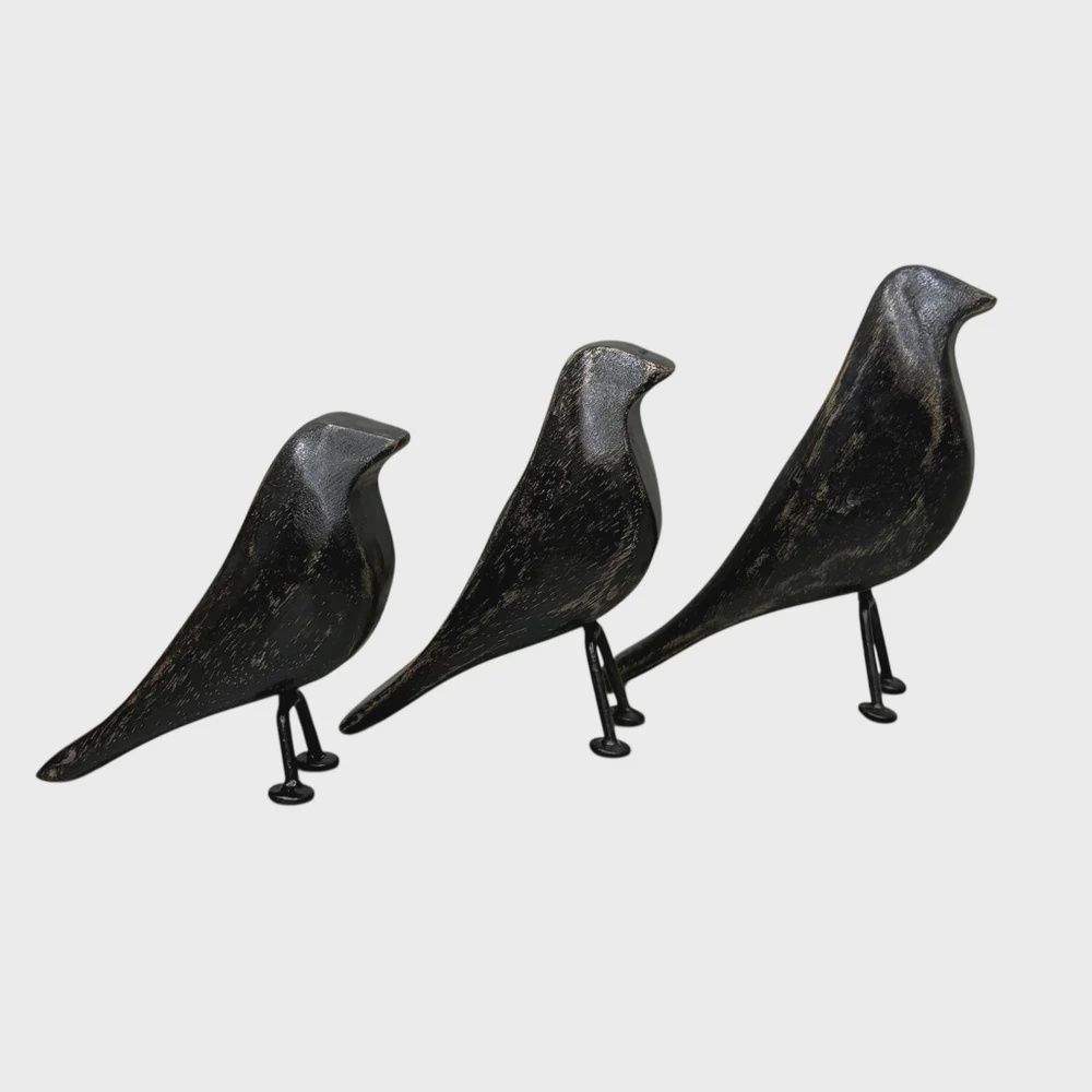 Scandi Mango Wood Black Birds Set of 3