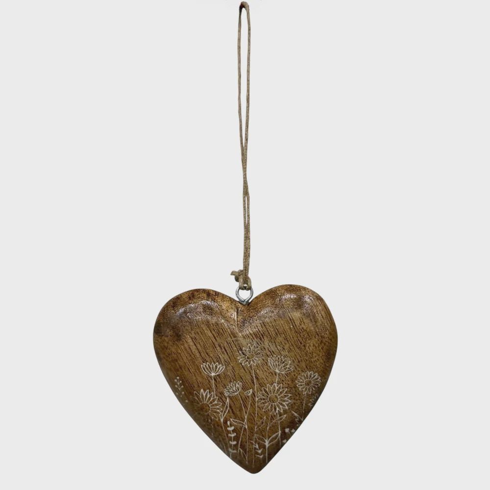 Mango Wood Floral Engraved Heart Ornament 3"