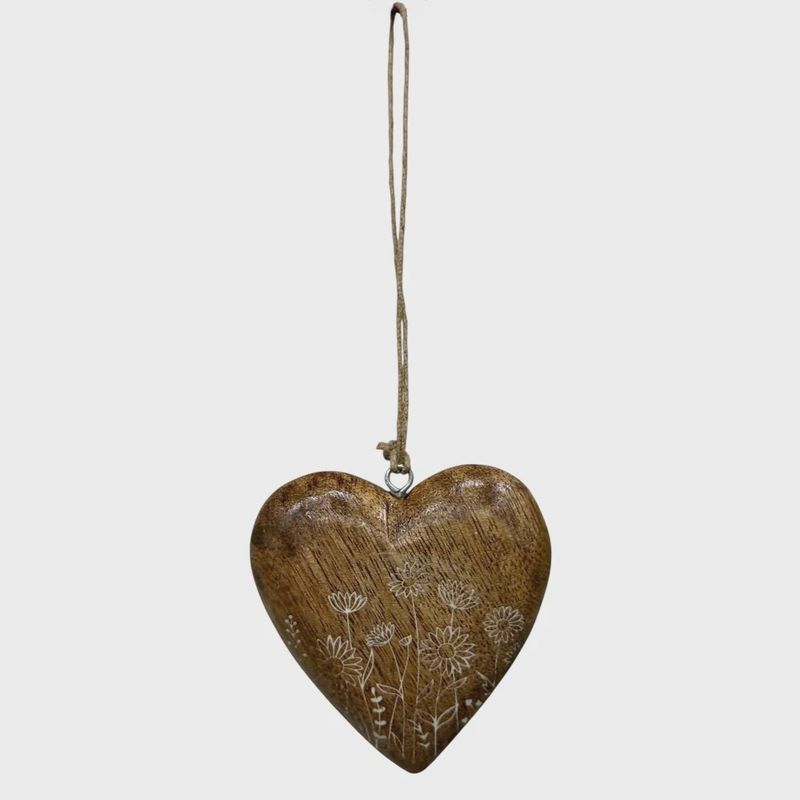 Mango Wood Floral Engraved Heart Ornament 3"