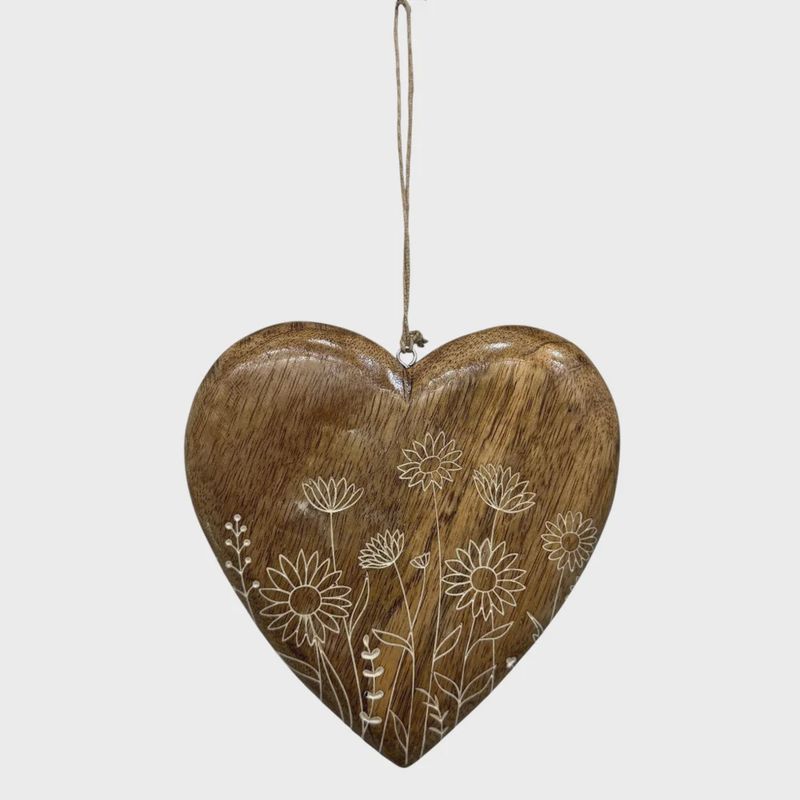Mango Wood Floral Engraved Heart Ornament 6"