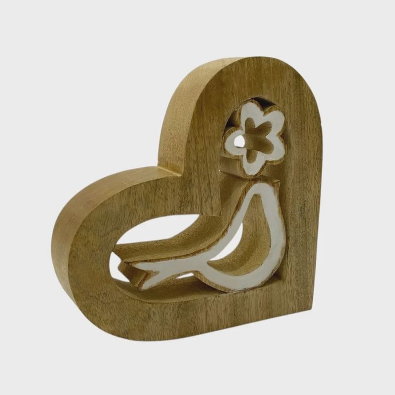 Mango Wood Heart Bird with Flower