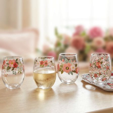 Floral Stemless Wine Glass