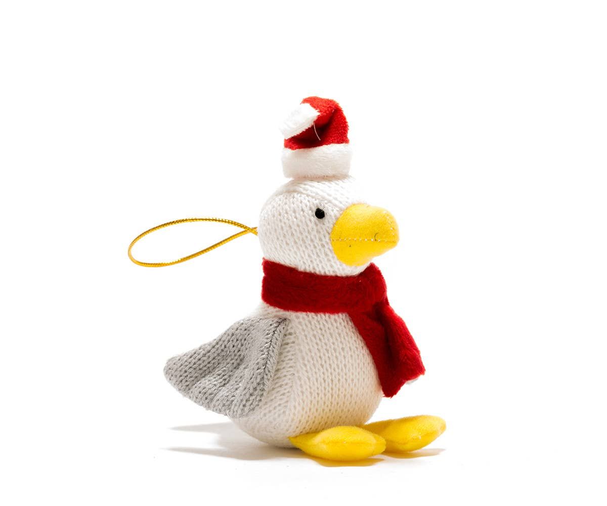 Seagull Christmas Decoration with Scarf and Santa Hat Knitted