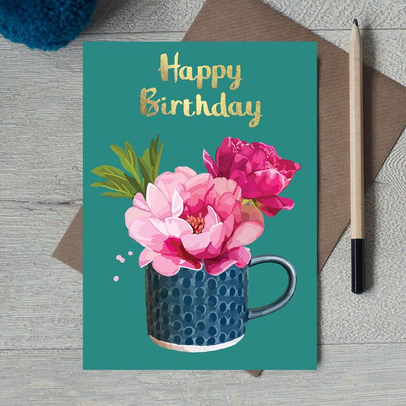 Happy Birthday Peonies In Cup Gold Foiled Birthday Card